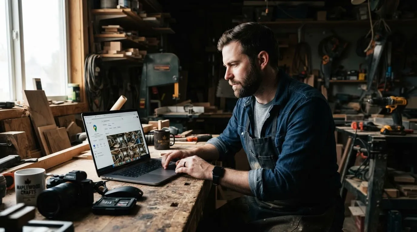 A business owner reviews profile photos on a laptop in a bright workshop.
