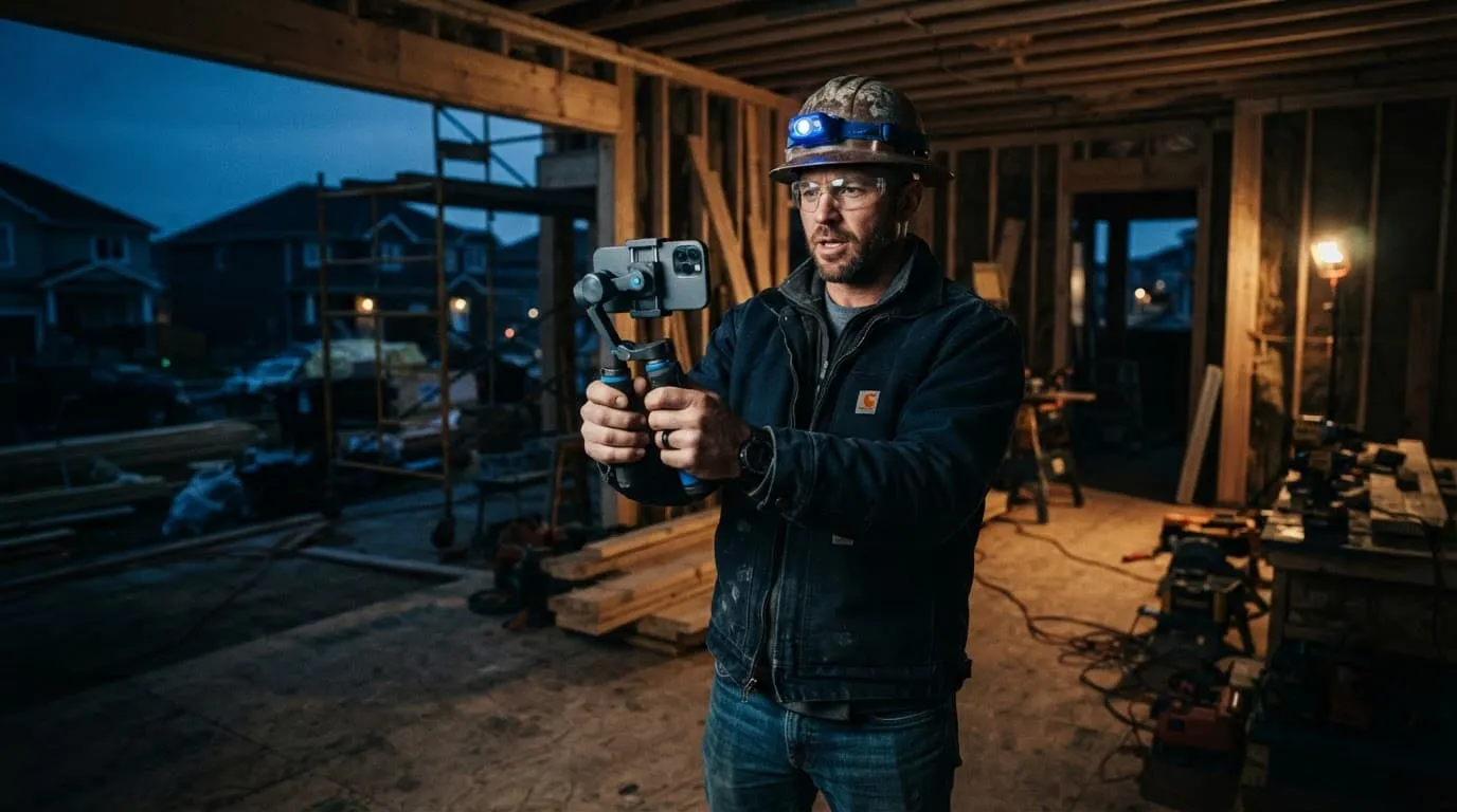 A contractor filming with a smartphone inside a residential construction site.