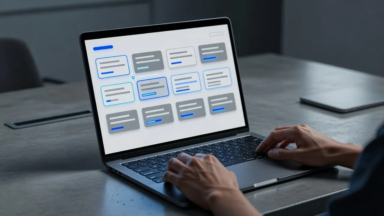 A pair of hands interacts with a laptop display featuring vibrant blue project cards and organized task lists. This sleek workspace utilizes soft ambient light to highlight efficient digital workflow processes.