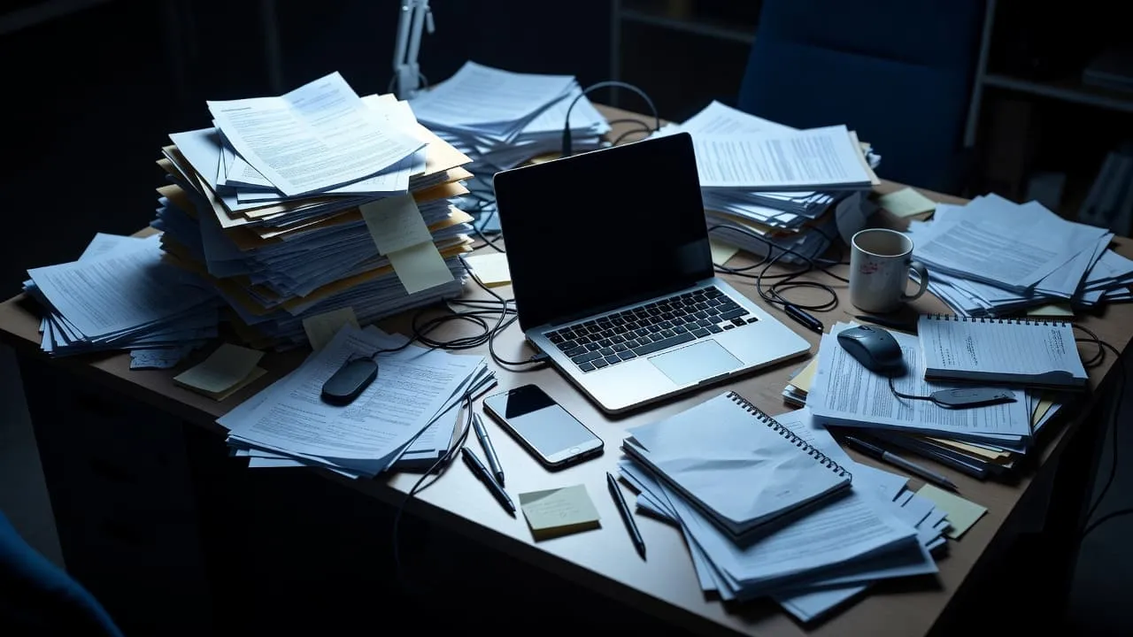 A dark, disorganized office desk features a scattered smartphone resting beside an open laptop. High-contrast lighting casts long, deep blue shadows across the chaotic surface, emphasizing a sense of professional frustration.