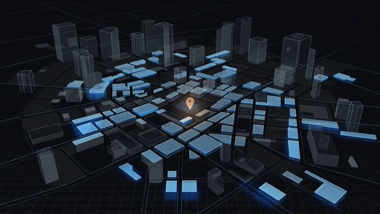 A digital stylized cityscape map features a vibrant glowing pin marking a central local business. Smaller buildings surround the pin, contrasting with large, dark, indistinct structures representing major corporate competitors.