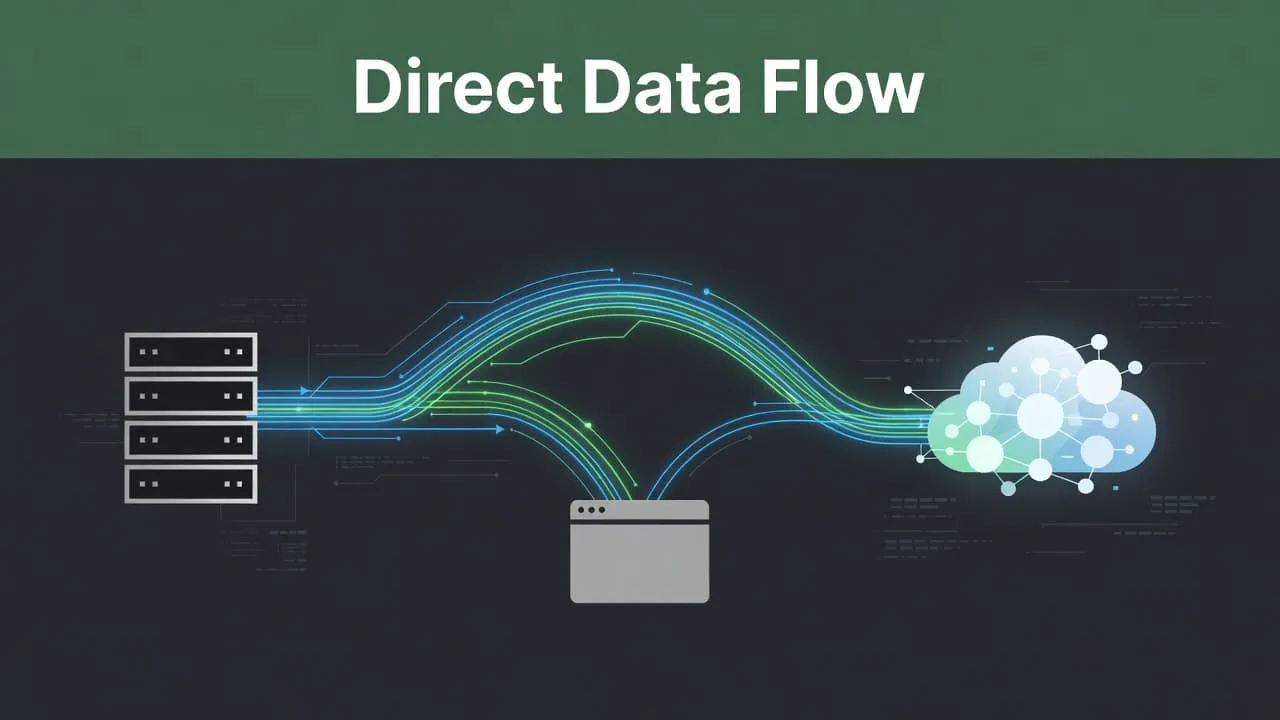 A minimalist digital illustration displays a server rack icon connected by glowing lines to a cloud symbol. It bypasses a browser icon, highlighted by a dark-green banner with bold headline text.
