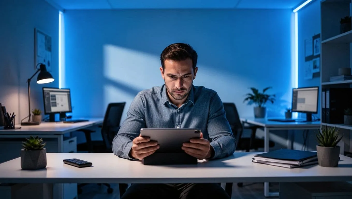 A focused business owner monitors a digital dashboard on a tablet within a sleek office. Glowing blue accent lights highlight his face and the minimalist desk surface, emphasizing technical efficiency.