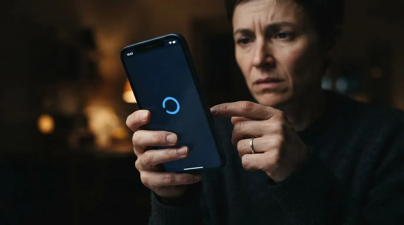 A person holds a smartphone showing a blue loading spinner.