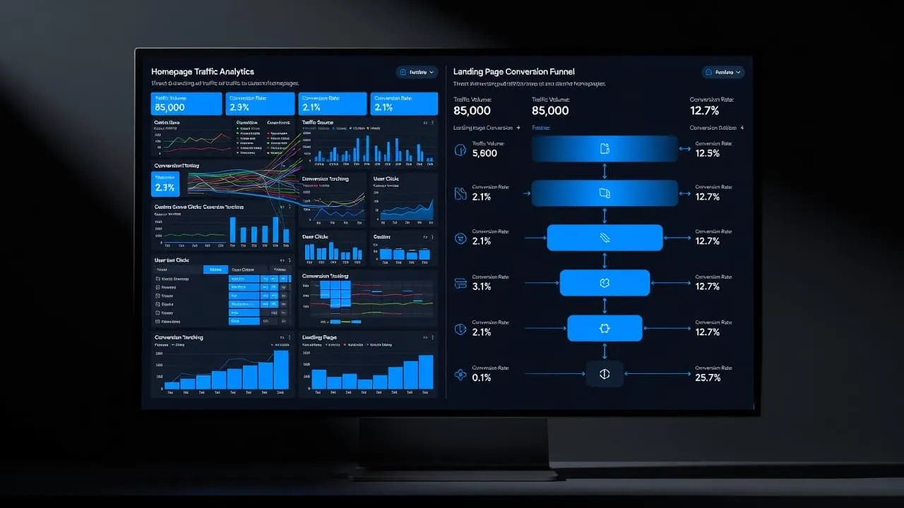 A computer monitor glowing with blue website traffic analytics charts.