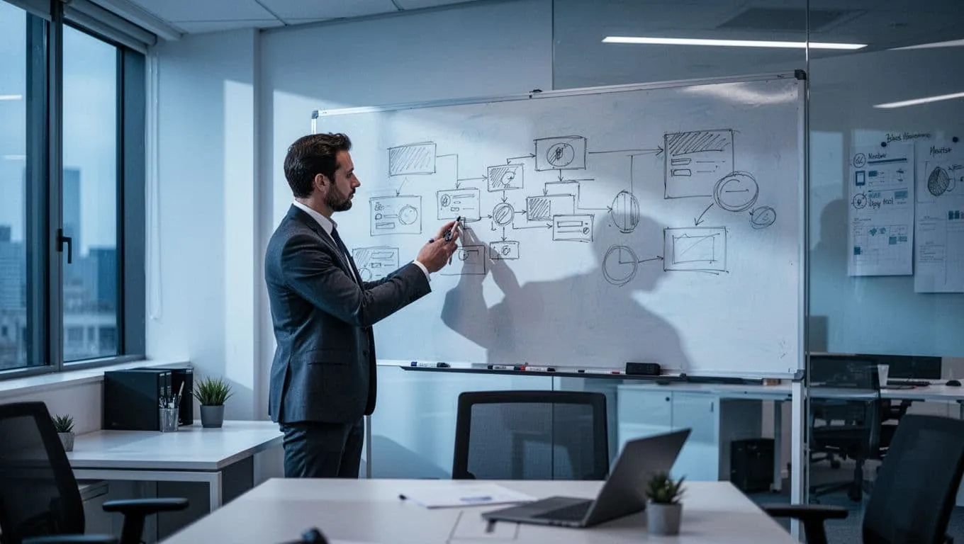A focused professional stands before a large whiteboard, sketching organized diagrams in a dimly lit office. Soft blue ambient lighting creates a cinematic atmosphere, highlighting the structured workflow and business growth.