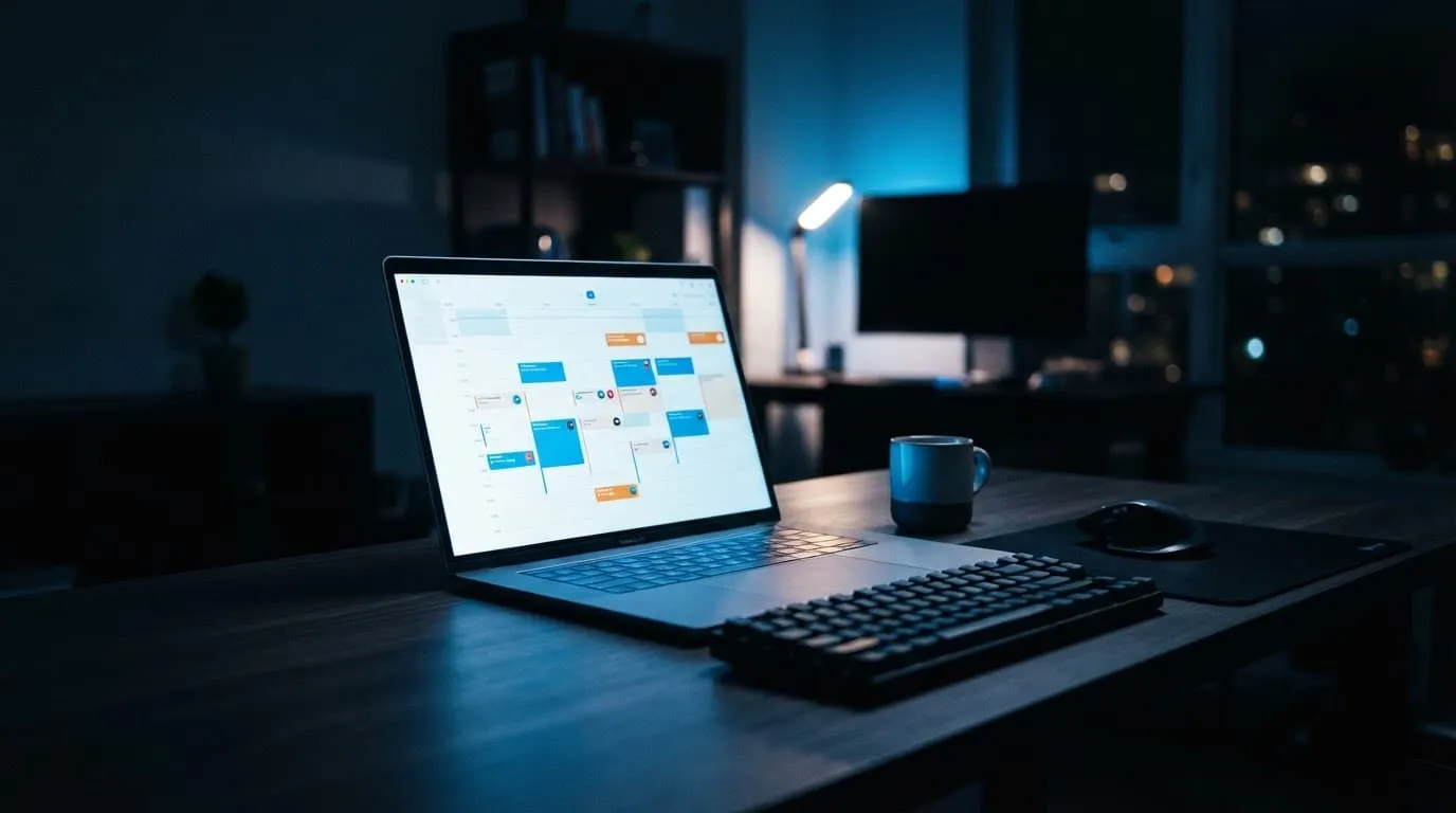 A sleek laptop showing a calendar on a clean desk under dramatic blue lighting.