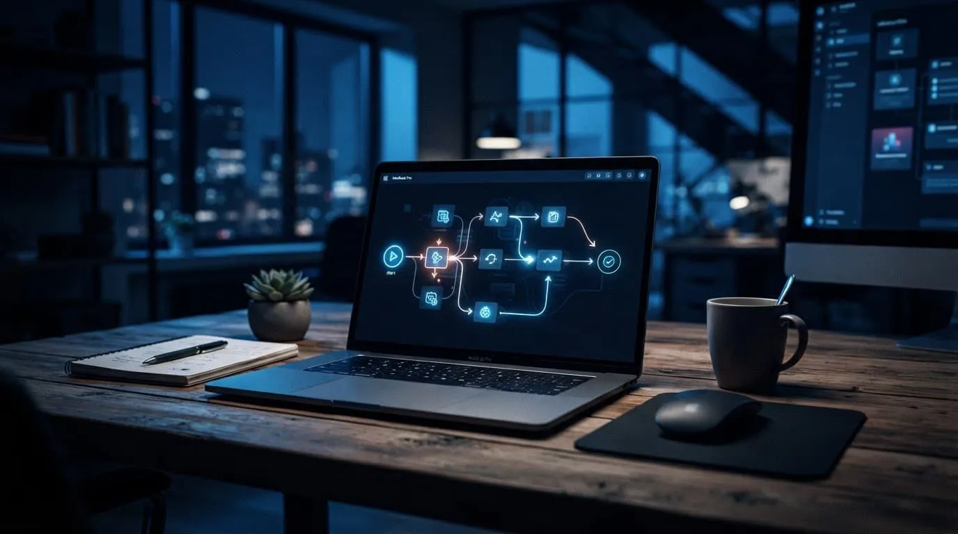 Laptop showing connected workflow nodes on a modern desk.