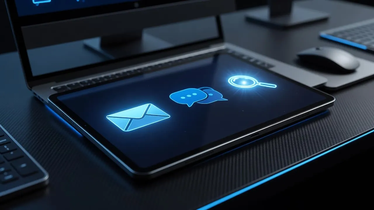 A high-angle view of a professional desk setup featuring a laptop and tablet with glowing interface elements. Vibrant blue lights illuminate the workspace, highlighting a modern multi-channel marketing environment.