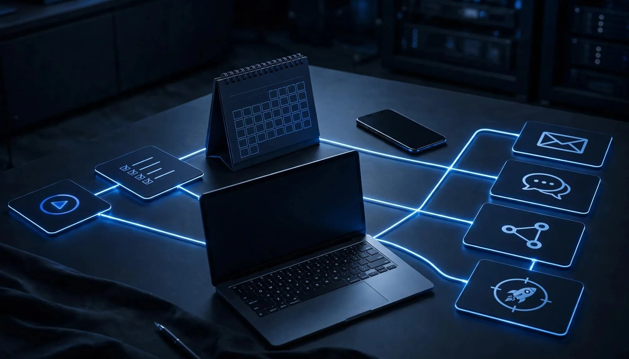 Laptop, phone, calendar, and workflow cards show a connected customer onboarding process.