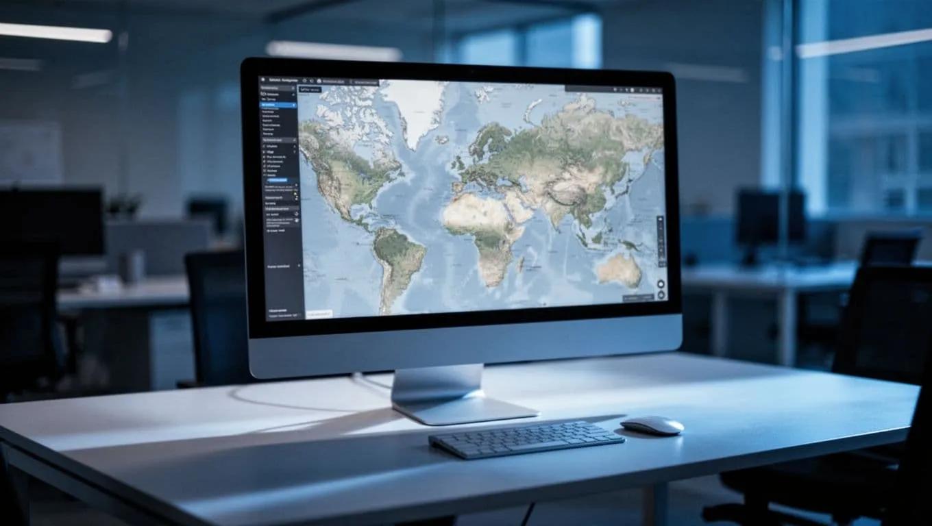 A dark workspace features a computer monitor displaying an intricate digital map interface. Blue neon accents highlight the desk surface, emphasizing a complex environment where data points appear scattered and mismatched.