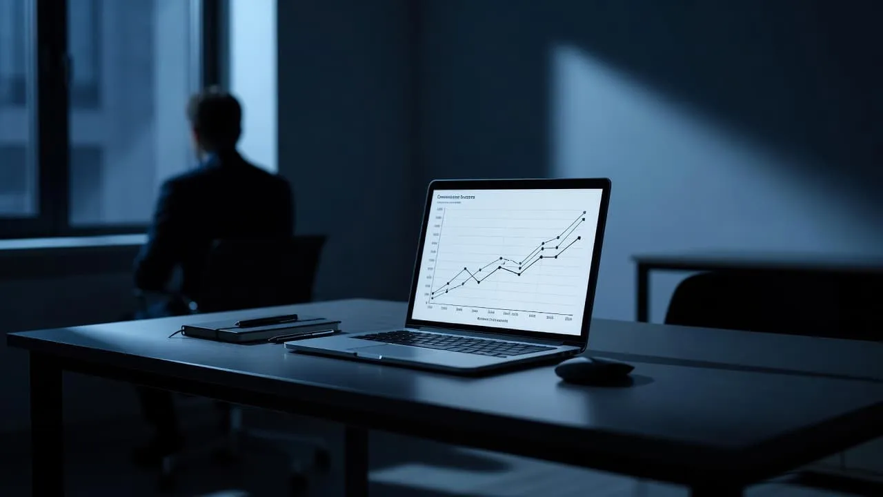 A dark laptop sits on a sleek desk displaying complex growth metrics. A silhouette of a professional stands in the dim background, emphasizing deep blue shadows and sharp cinematic contrast.