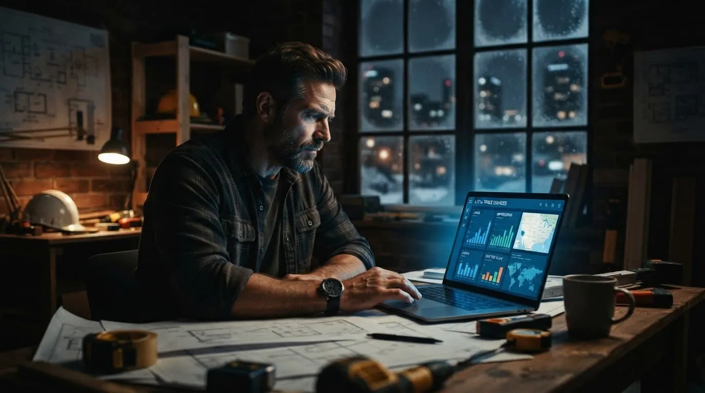 A contractor looking at online ad data on a laptop in a dramatic blue-lit office.