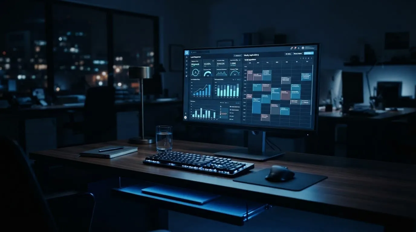 A glowing monitor displays lead analytics and calendar bookings on a dark office desk.