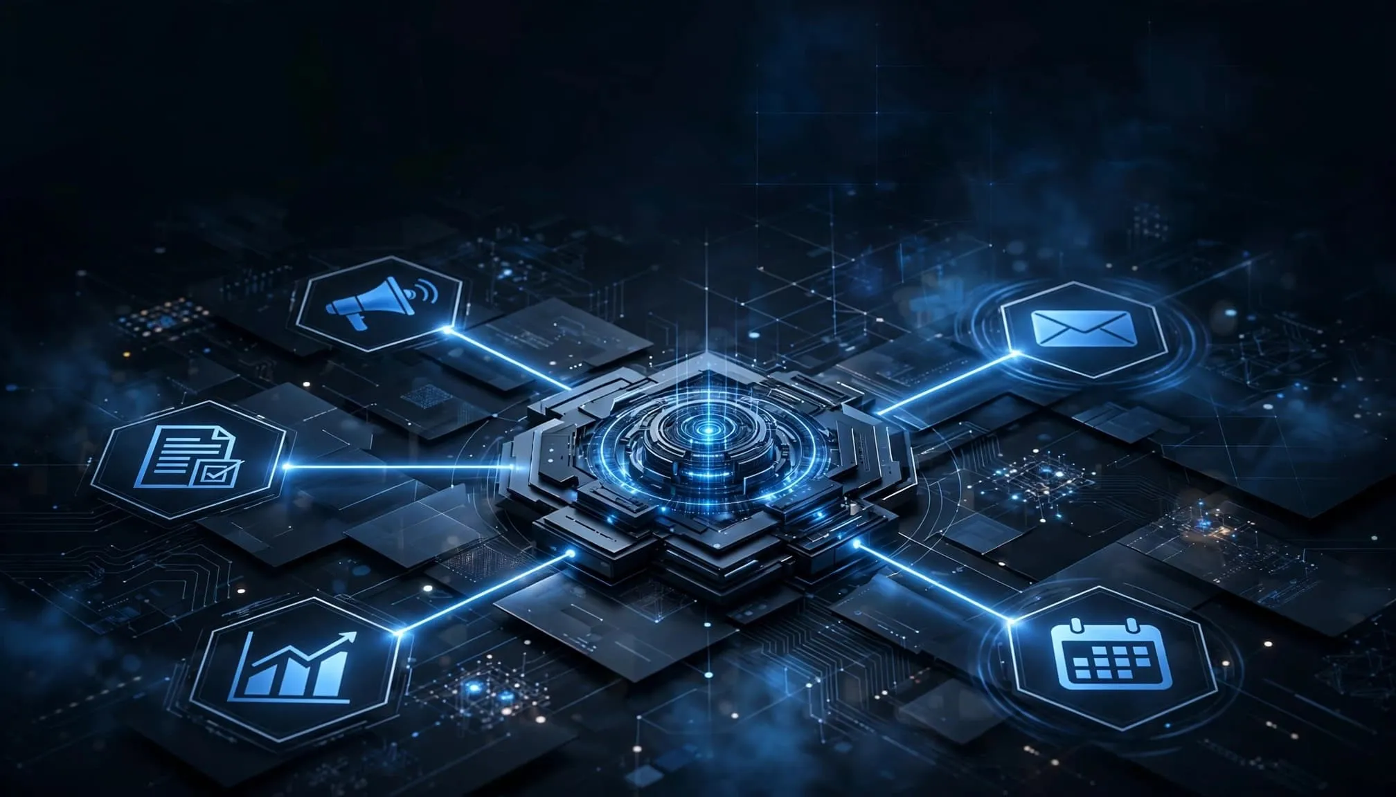 Blue pathways connect a CRM hub with marketing, email, calendar, and reporting tools.