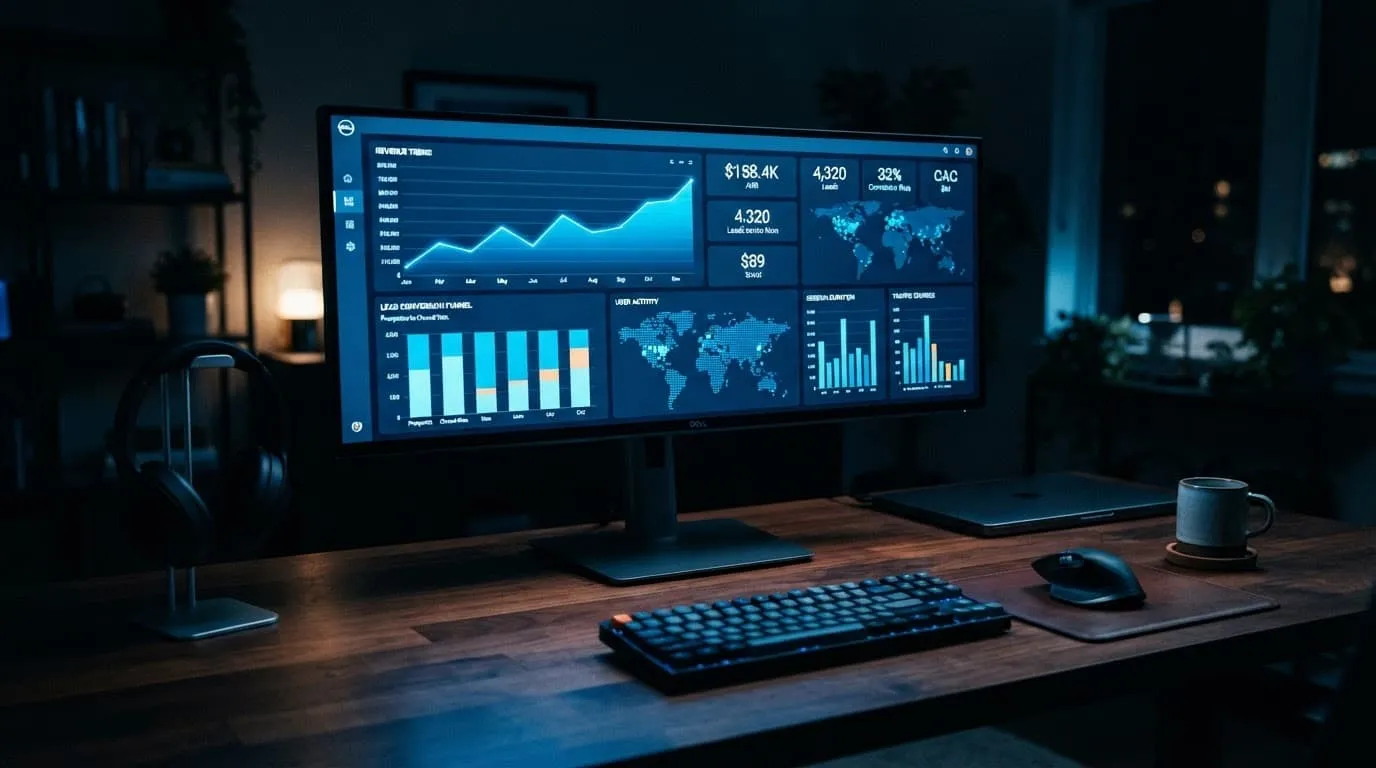 Monitor showing blue revenue and lead conversion charts on a dark desk.