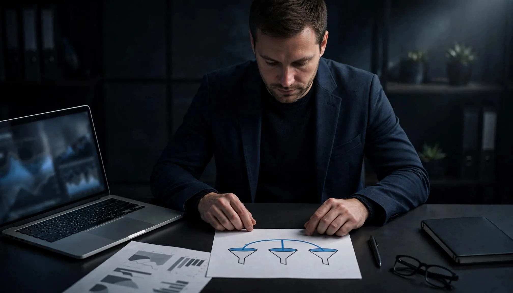 A business owner reviews a laptop and blue-highlighted conversion funnel diagram.