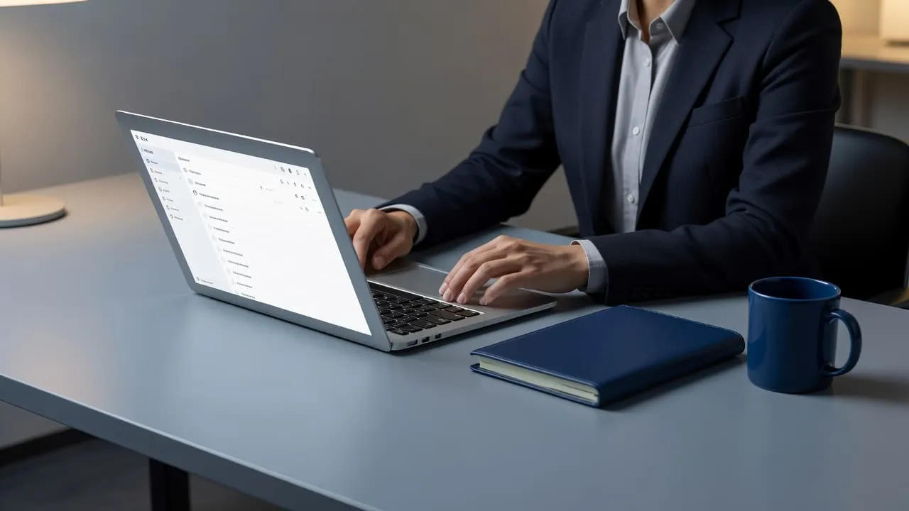 A focused individual types on a laptop at a sleek blue-toned desk. Soft ambient light illuminates the organized workspace, highlighting a clean surface designed for productive email follow-up communication tasks.