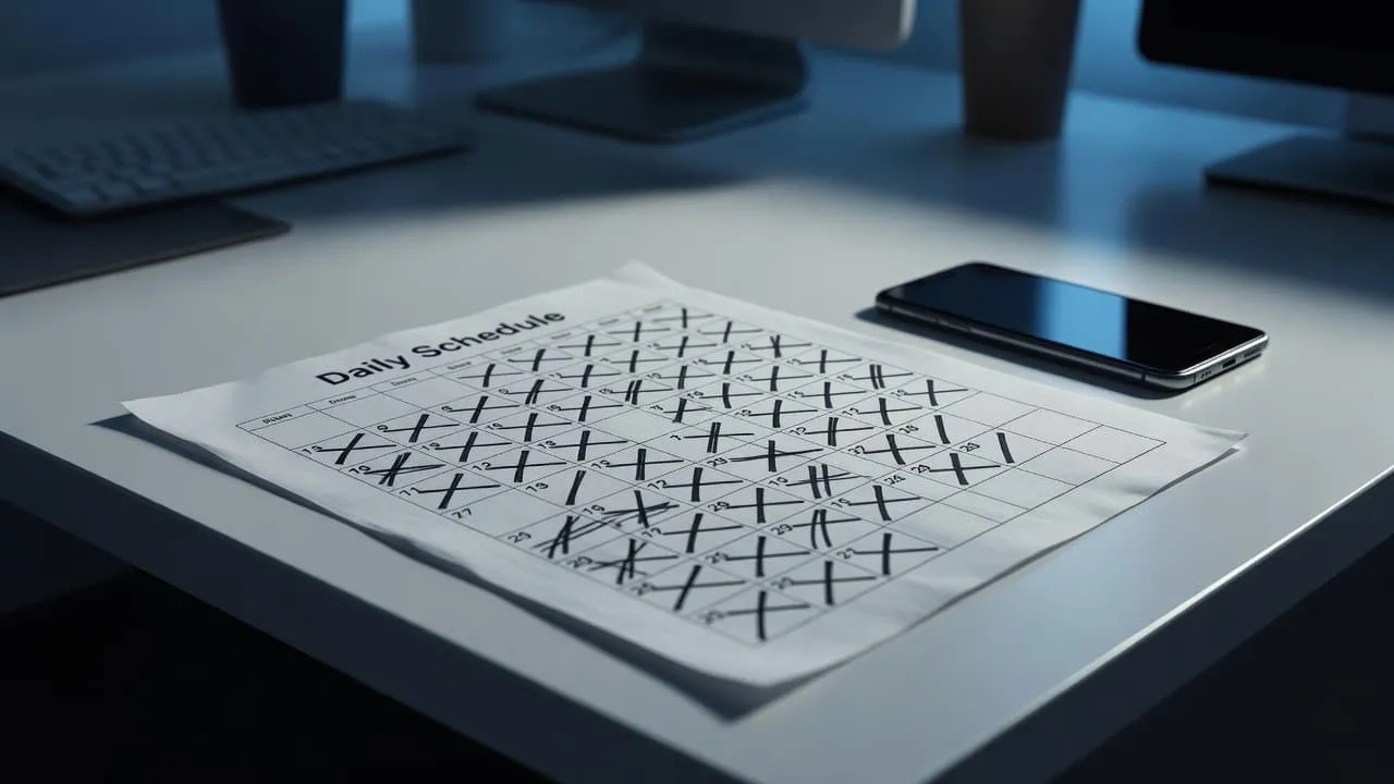 A sleek modern office desk features a smartphone resting beside a printed daily calendar. Several time slots are marked out with bold ink, highlighting the visual void left by cancelled meetings.