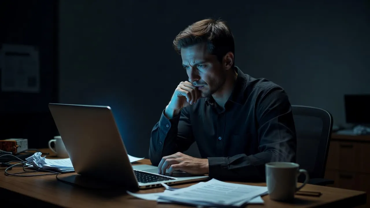 A focused person sits at a workstation, illuminated by the cool blue glow of a laptop screen in a dark office. They lean forward, reflecting on complex data with a somber expression.