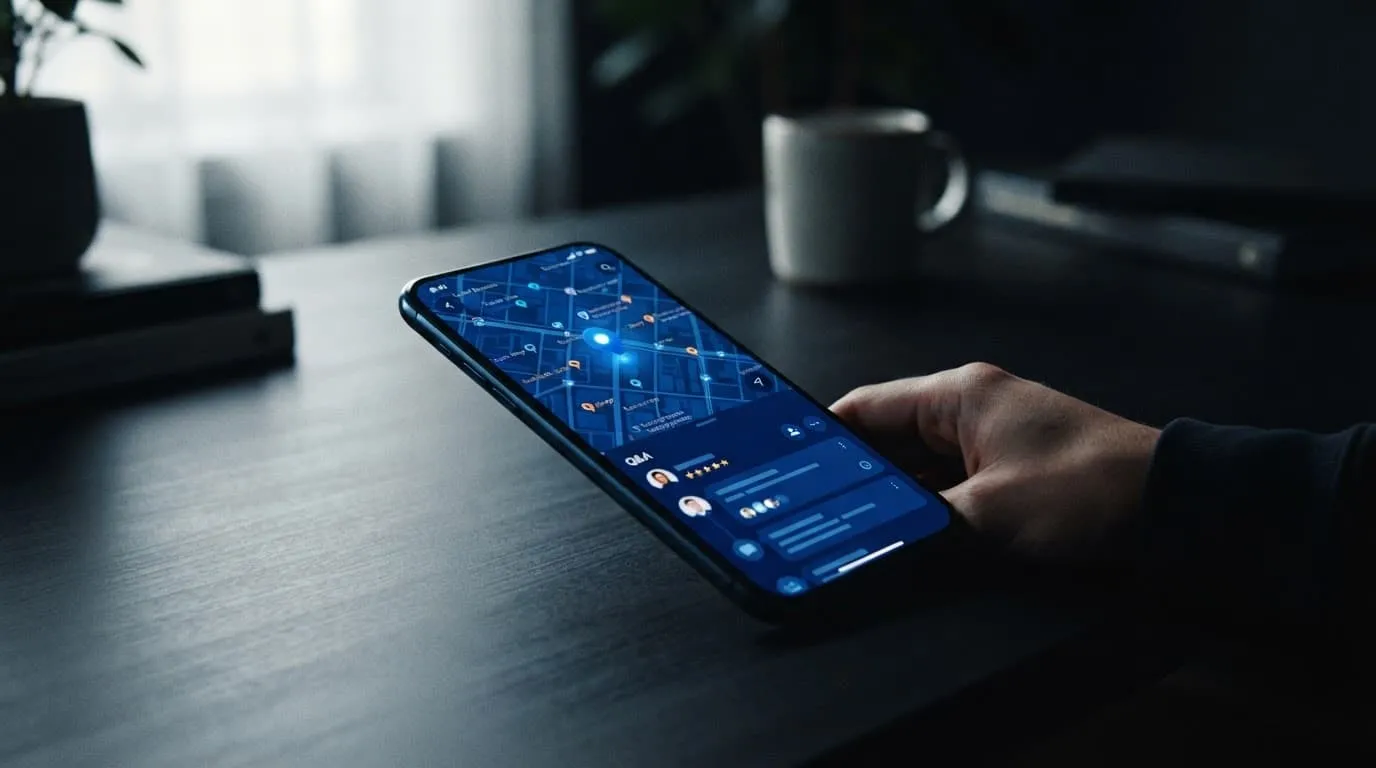 A smartphone showing a local business map and customer questions on a minimalist desk.