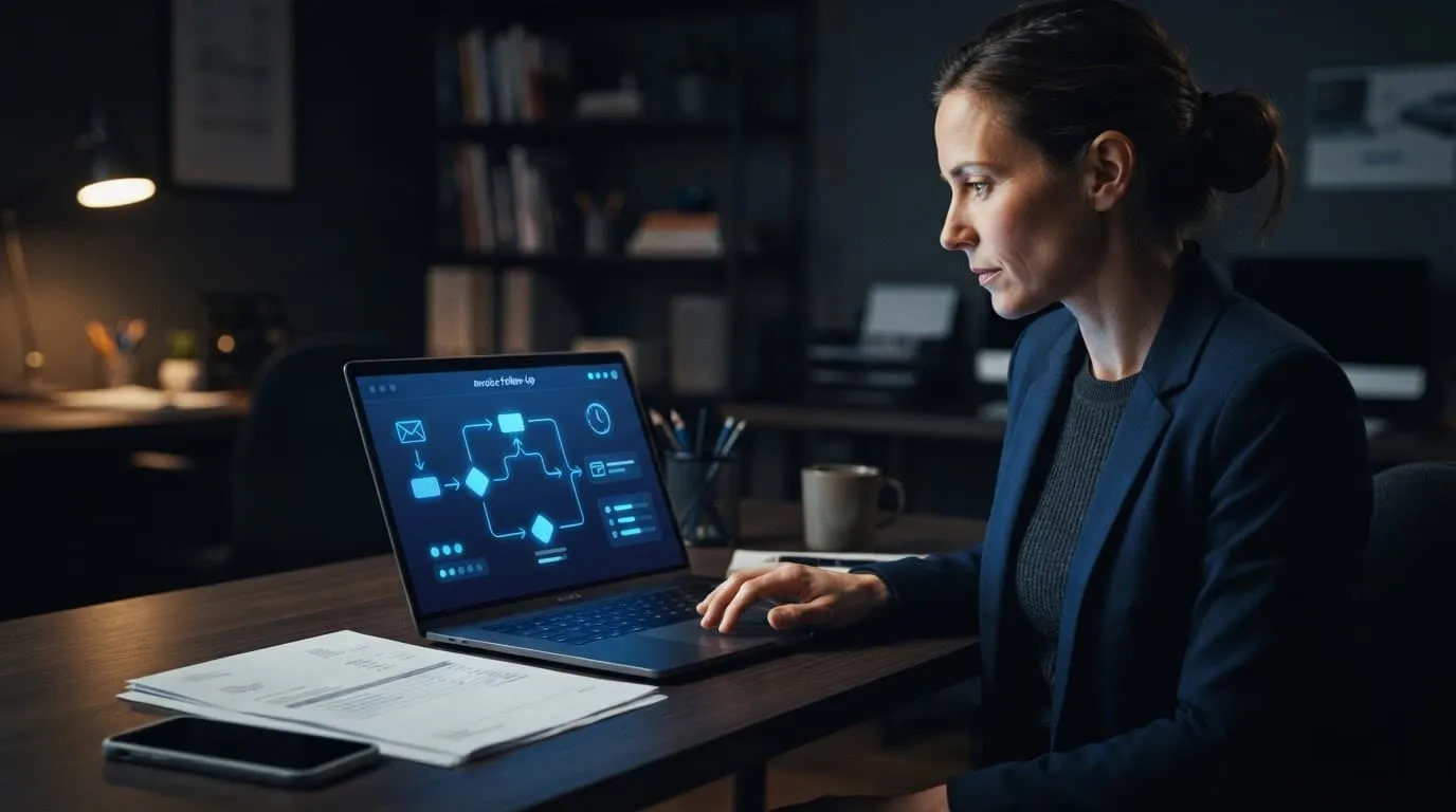 Business owner reviewing an invoice workflow on a laptop beside a phone and paper invoice.