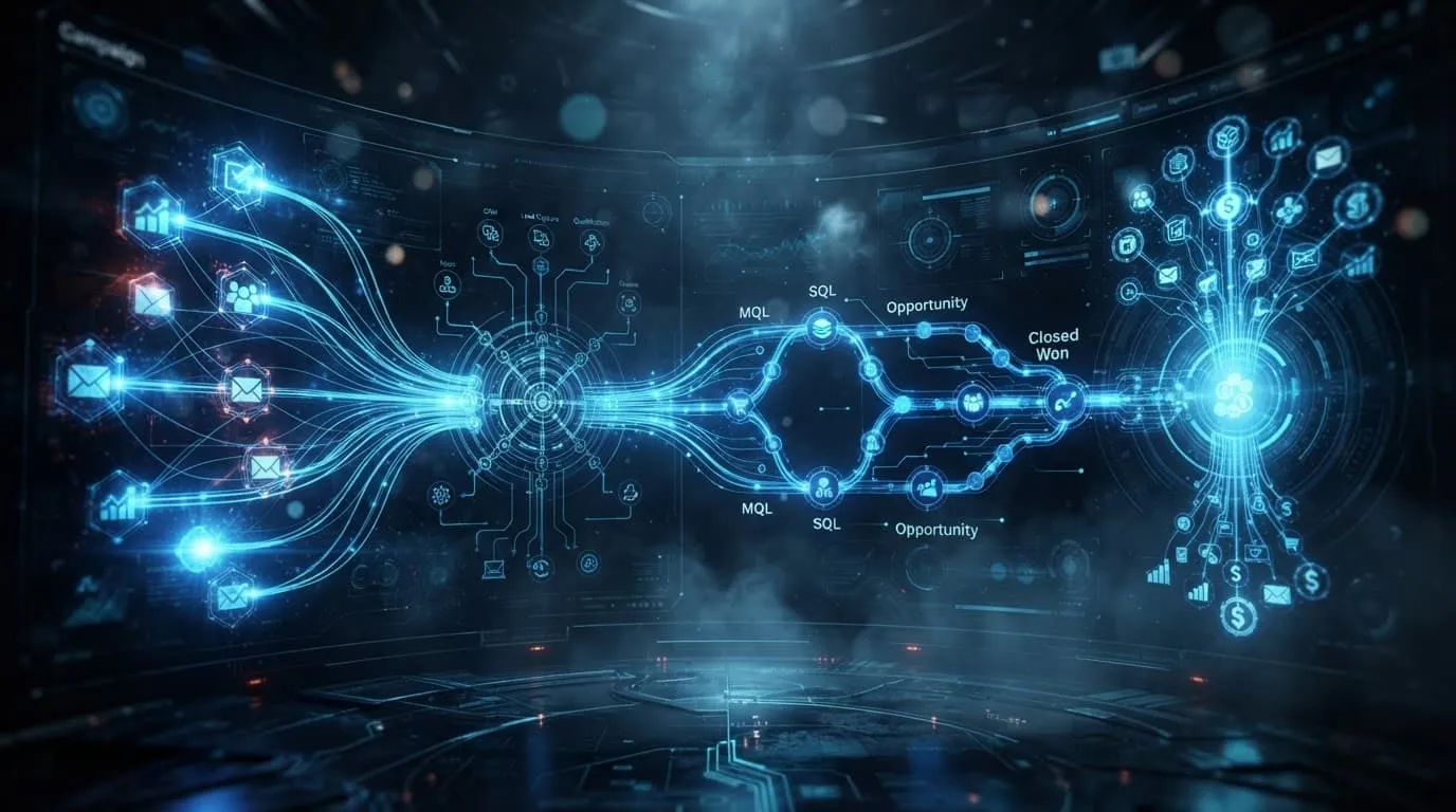 Blue workflow nodes connect marketing campaigns to closed sales deals.