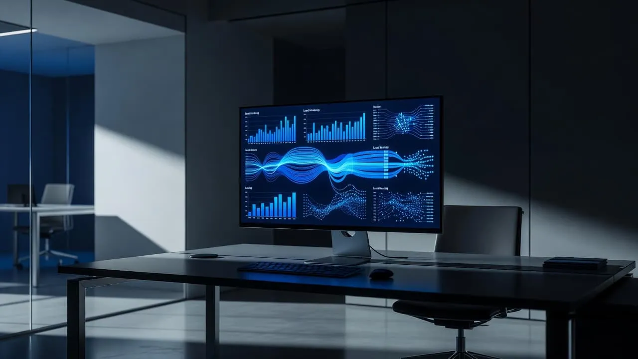 An illuminated computer monitor displays lead routing metrics inside a sleek modern office.