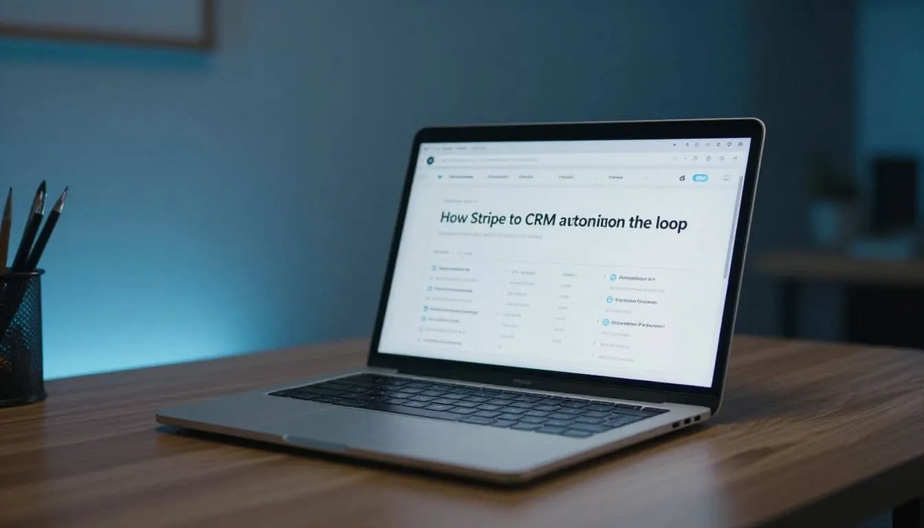 A sleek silver laptop sits open on a polished wooden desk, showing a blurred analytical dashboard screen. Cool blue ambient lighting illuminates the modern workspace interior during a quiet evening.