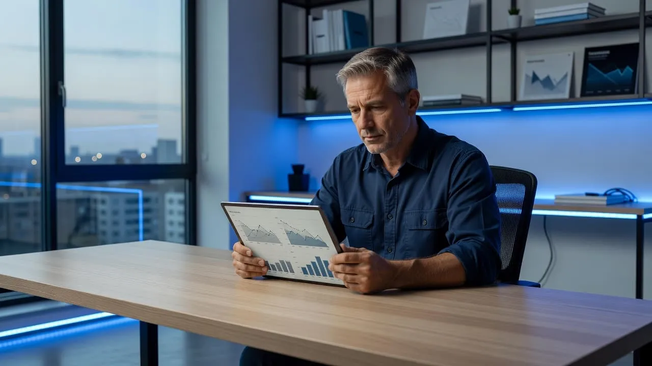 A focused professional holds a glowing tablet displaying complex performance charts inside a dimly lit office. Bold blue ambient light highlights the person’s intense expression against a modern, moody background.