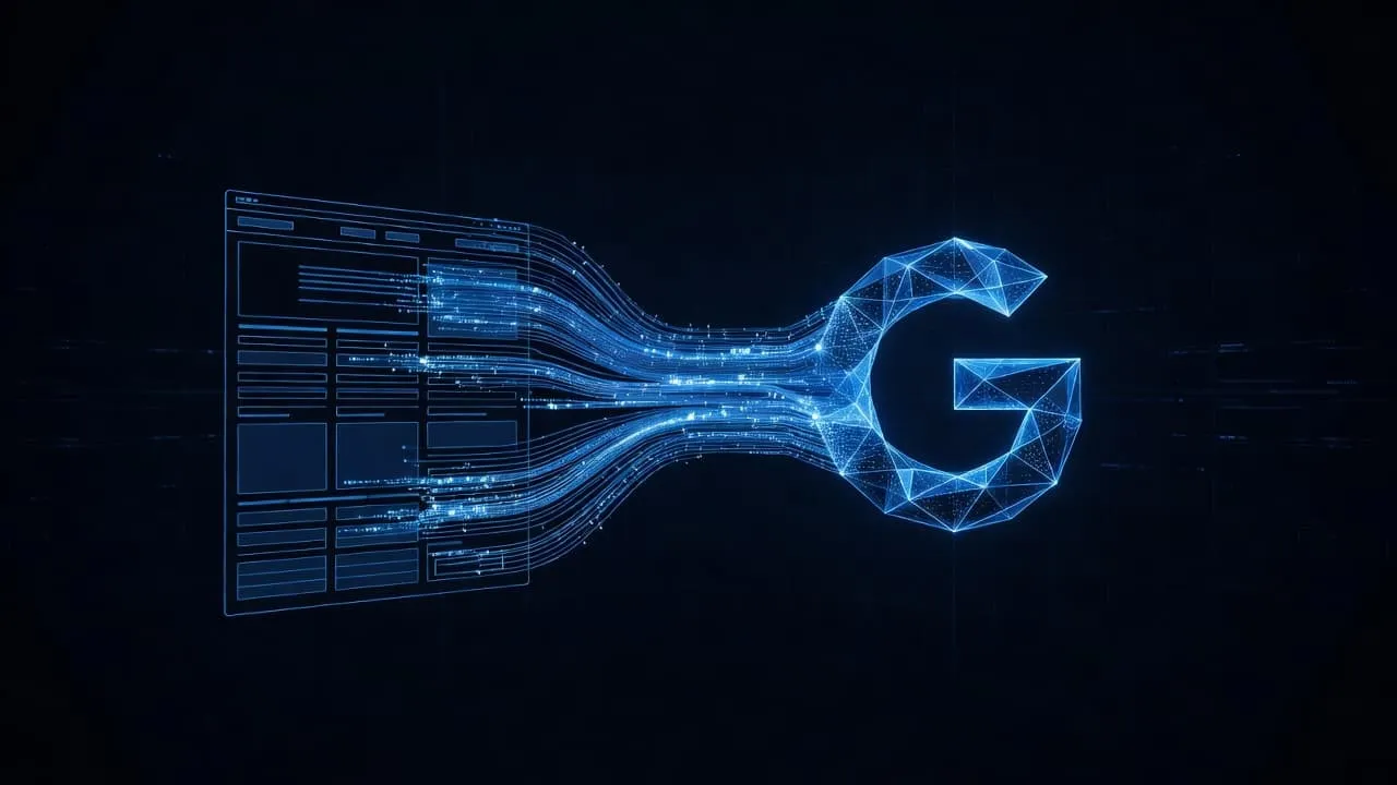Glowing blue lines of structured data emerge from a web interface, converging into a central search engine icon. High-contrast light paths move across a dark void to represent organized digital information.