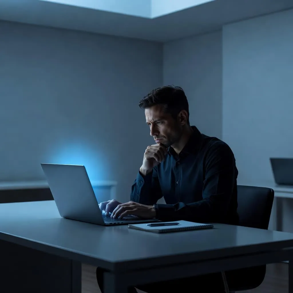 A focused professional sits at a clean desk using a laptop, illuminated by vibrant blue lighting that casts dramatic shadows across the minimalist office space, emphasizing intense concentration and productivity.
