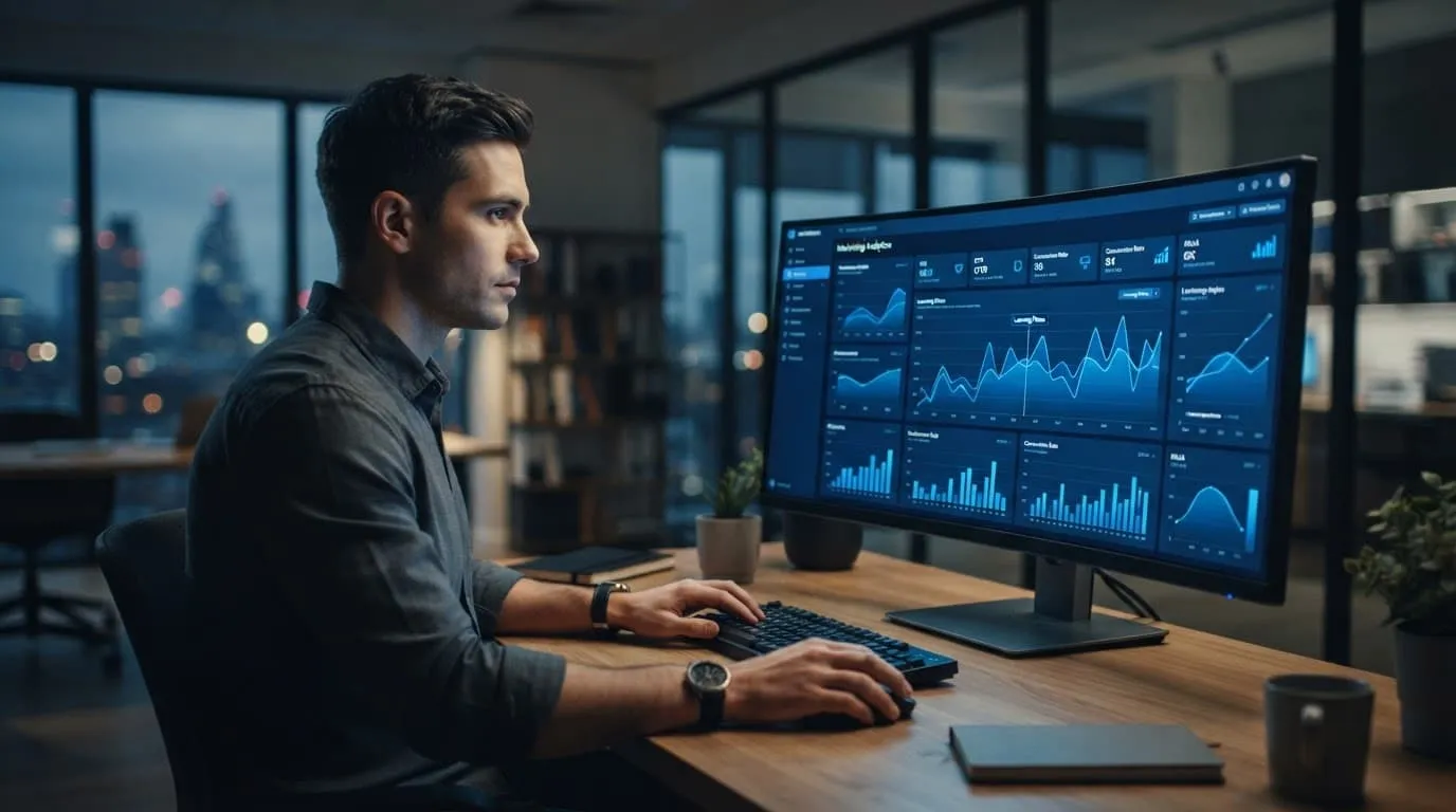 One analyst views blue performance charts on a desktop monitor in a modern office.