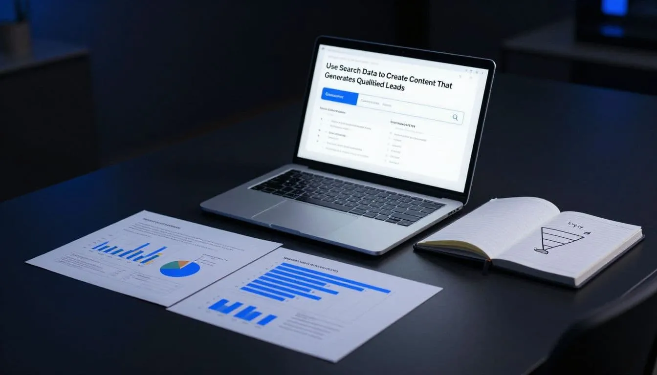 Laptop, charts, notebook, and funnel sketch on a dark desk with blue lighting.