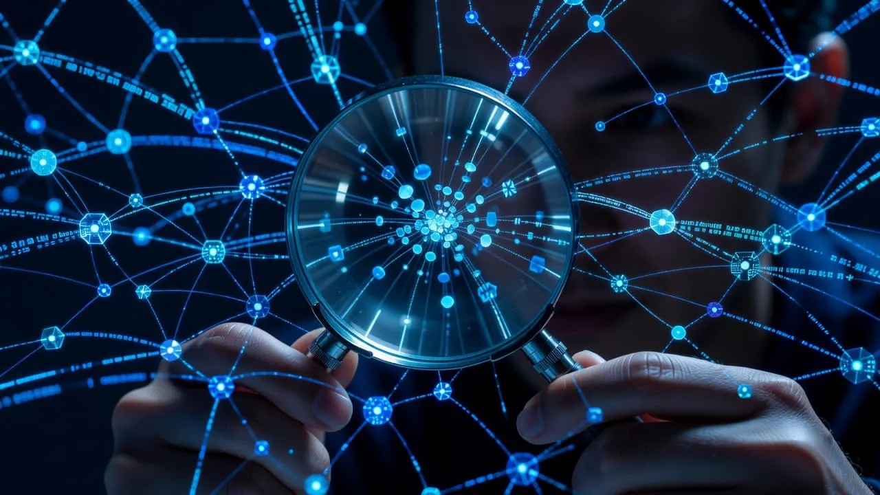 A close-up view of a person using a magnifying glass to inspect an intricate web of glowing digital nodes. The scene features deep blue lighting and emphasizes subtle, overlooked connection points.