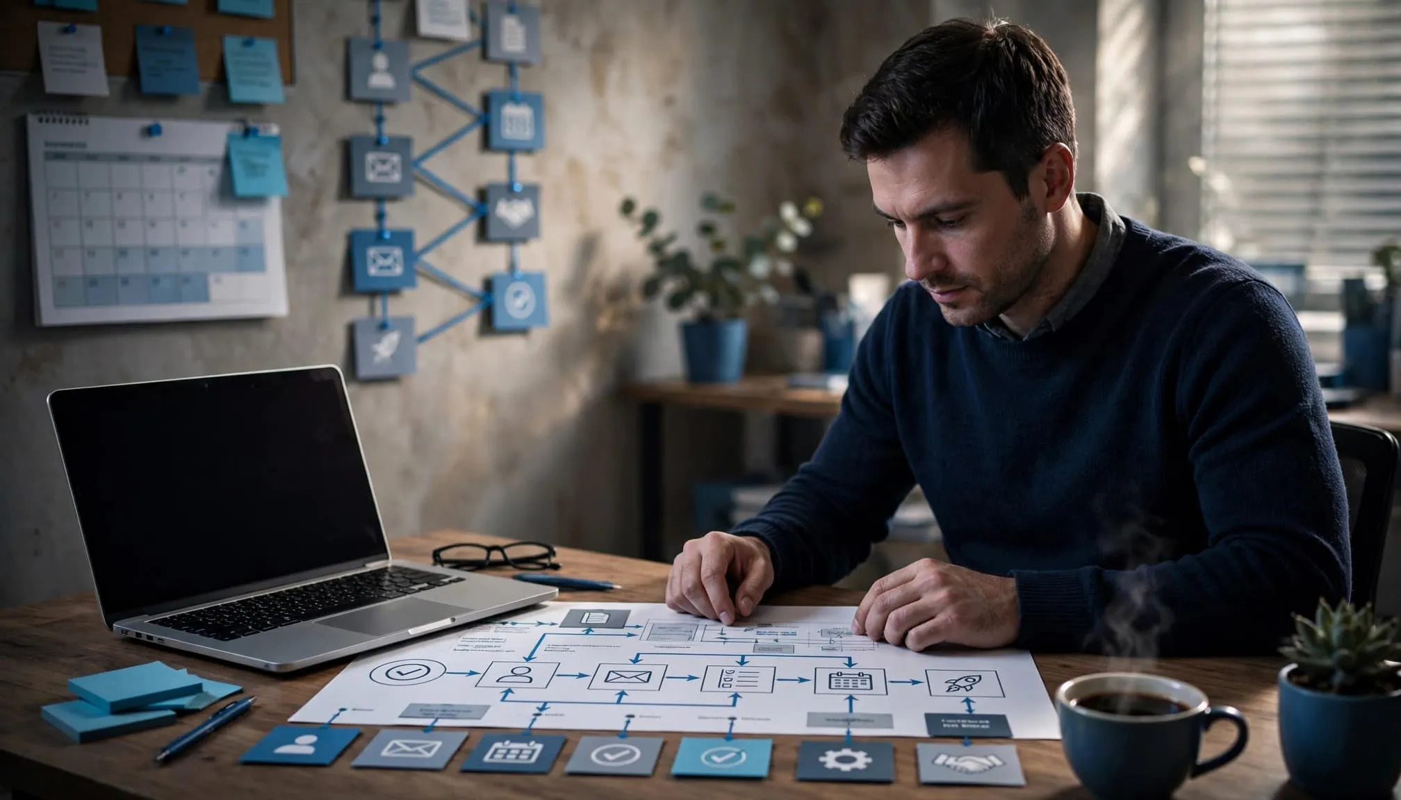 Business owner reviewing a laptop and project timeline at a blue-accented office desk.