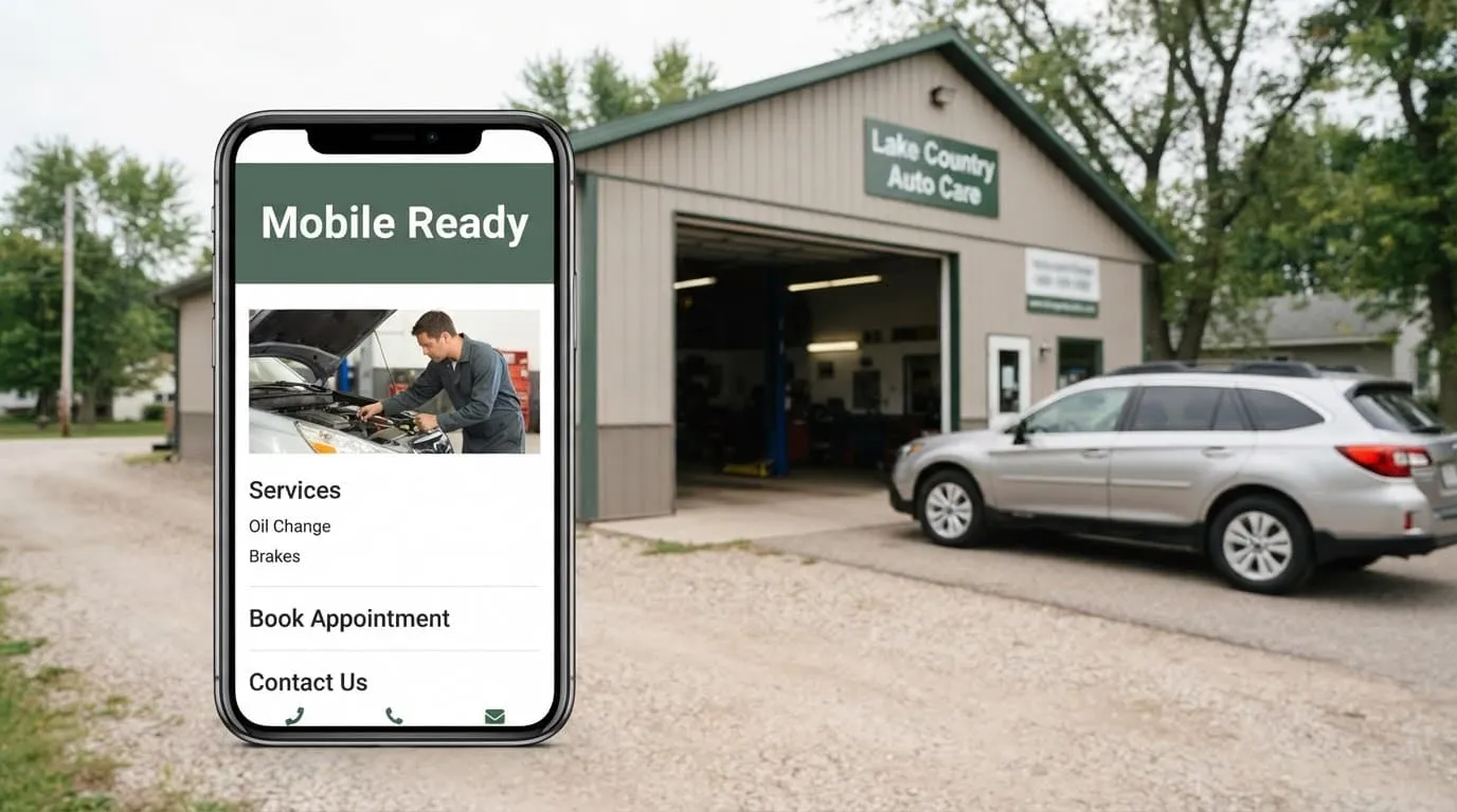 A smartphone displays an auto service website beside a vehicle and small repair shop.