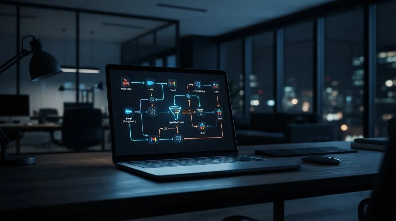 Laptop showing connected data workflows in a minimalist office with blue lighting.