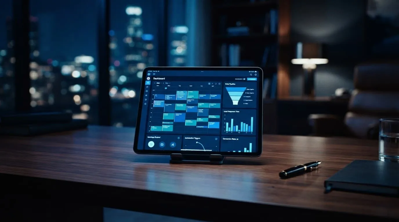An illuminated tablet on a dark desk displays a scheduling dashboard under dramatic blue lighting.