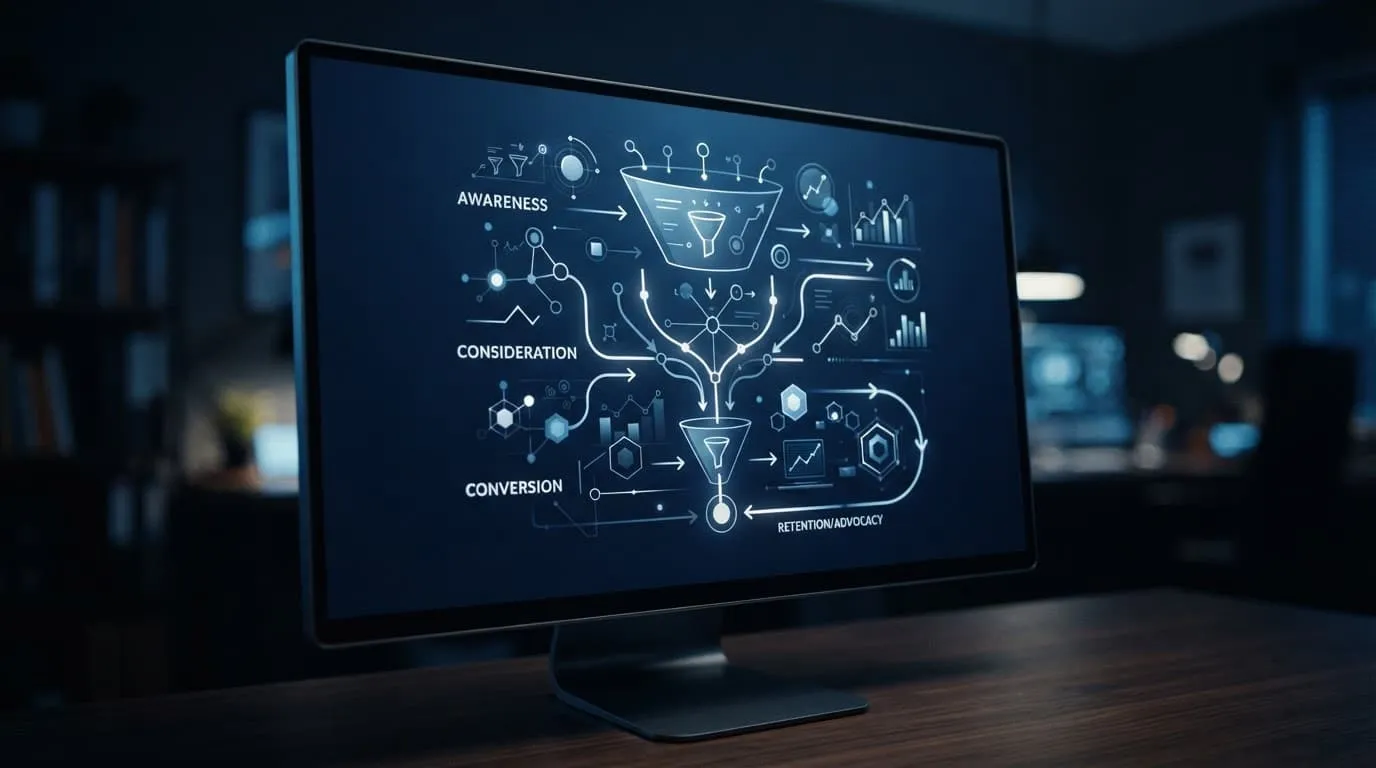 A sleek monitor showing a minimalist marketing funnel diagram in dark blue light.